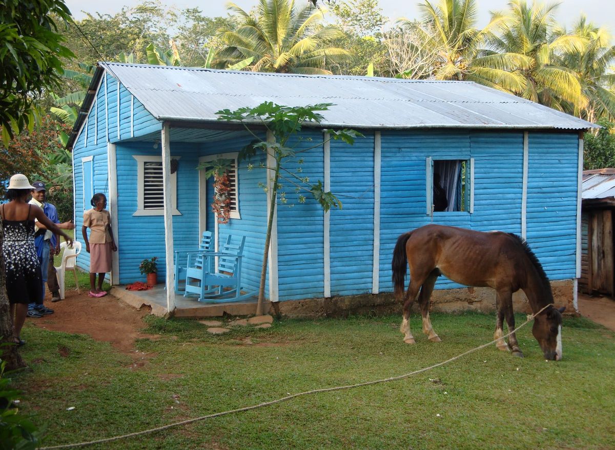 Casa de madera azul en la montaña dominicana con un caballo pastando