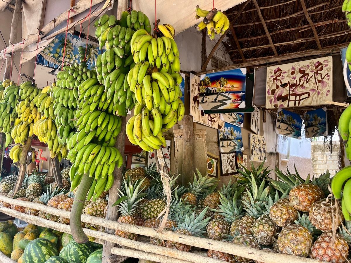 Puesto de frutas con racimos de guineos y piñas